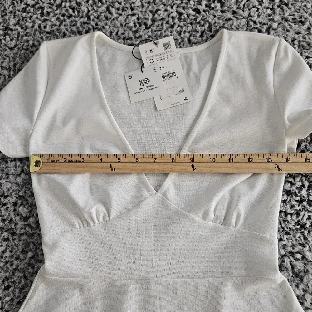 Zara White Mini Dress Small Short Sleeves V-Neck A-Line Graduation Bachelorette - Picture 8 of 10
